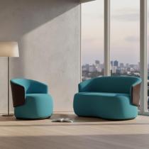 Kit Namoradeira + Poltrona Decorativa Beatriz Orgânica Composê Couro Marrom Veludo Azul Turquesa Mz Decor