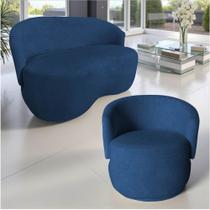 Kit Namoradeira + Poltrona Decorativa Beatriz Orgânica Couro Azul Marinho