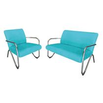 Kit Namoradeira + Poltrona Decorativa Bela Suede Azul Turquesa Braço Cromado