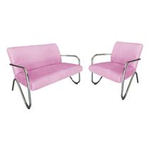 Kit Namoradeira + Poltrona Decorativa Bela Suede Rosa Bebê Braço Cromado