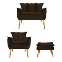 Kit Namoradeira, Poltrona e Puff Apolo Pés Palito Mel Suede Marrom - DAMAFFÊ MÓVEIS