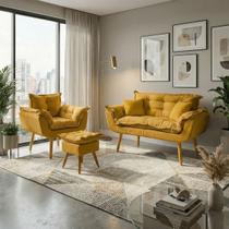 Kit Namoradeira Poltrona e Puff Decorativo Para Sala Recepção Manicure Consultório Alice Tecido Suede