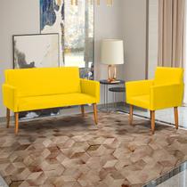 Kit Namoradeira + Poltrona Para Sala Decorativa Nina Suede Cores Pé Castanho Kit Namoradeira + Poltrona Para Sala Decorativa Nina Suede Cores Pé Castanho