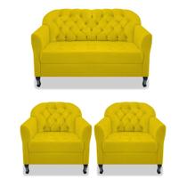 Kit Namoradeira Recamier Sofá mais 02 Poltrona Julia Pés Luís Xv Com Botonê Quarto Sala de Estar Recepção Suede Amarelo - AM Decor