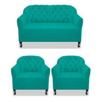 Kit Namoradeira Recamier Sofá mais 02 Poltrona Julia Pés Luís Xv Com Botonê Quarto Sala de Estar Recepção Suede Azul Turquesa - AM Decor