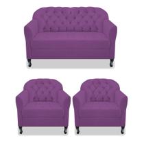 Kit Namoradeira Recamier Sofá mais 02 Poltrona Julia Pés Luís Xv Com Botonê Quarto Sala de Estar Recepção Suede Roxo - AM Decor