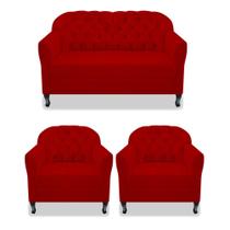 Kit Namoradeira Recamier Sofá mais 02 Poltrona Julia Pés Luís Xv Com Botonê Quarto Sala de Estar Recepção Suede Vermelho - AM Decor