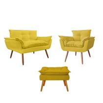 Kit Namoradeira Sofá 02 lugares mais 01 Poltrona decorativa e um Puff Opalla Pés Palito Amarelo - DS Estofados Kit Namoradeira Sofá 02 lugares mais 01 Poltrona decorativa e um Puff Opalla Pés Palito Amarelo - DS Estofados