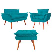 Kit Namoradeira Sofá 02 lugares mais 01 Poltrona decorativa e um Puff Opalla Pés Palito Azul Turquesa - DS Estofados