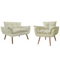 Kit Namoradeira Sofá 02 lugares mais 01 Poltrona decorativa Opalla Pés Palito Bege - DS Estofados