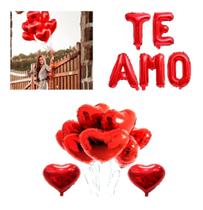 Kit Namoro 10 Balões Coração 45 Cm + Frase Te Amo 40 Cm Kit Namoro 10 Balões Coração 45 Cm + Frase Te Amo 40 Cm