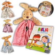 Kit Naninha Pelúcia com Livro Infantil A Bíblia da Criança Acolchoado Cartonado Para Presentear