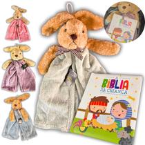Kit Naninha Pelúcia com Livro Infantil A Bíblia da Criança Acolchoado Cartonado Para Presentear