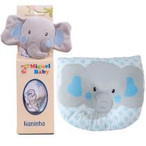 Kit Naninha + Travesseiro Bebê Anatômico Apoio Cabeça Elefante Azul