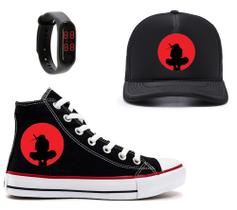 Kit Naruto Itachi Sharingan Tênis Boné E Relógio Meninos E Meninas