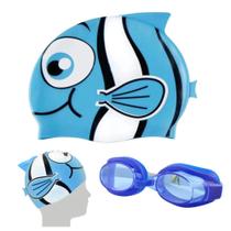 Kit Natacao Infantil Oculos de Natacao + Touca Peixinho Azul Bel