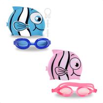 Kit Natação Infantil Peixe Menino E Menina Touca Toca Óculos Mergulho Silicone Com Protetor 5 Peças Kit Natação Infantil Peixe Menino E Menina Touca Toca Óculos Mergulho Silicone Com Protetor 5 Peças