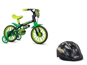 Kit Nathor Bicicleta Infantil Aro 12 Com Rodinhas Verde Black12 + Capacete Infantil Preto