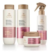 Kit Natura Lumina Restauracao E Liso Prolongado Shampoo+Condicionador+Mascara+Spray Pré Secagem