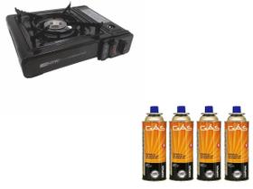 Kit Nautika Fogareiro Horizontal Frontier Flex Preto + Cartucho De Gás Campgas 4 Un