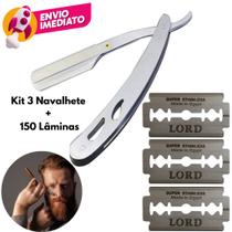 Kit Navalha Aço Inox Navalhete Para Barbear Profissional Barbeiro 14cm Com 150 Ou 250 Lâminas