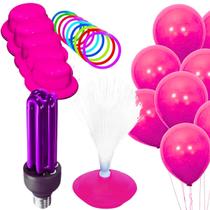 Kit Neon Rosa Lâmpada Luz UV Com Chapéu Abajur Balão 72pç