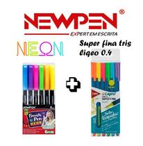 Kit Newpen Brush Pen Neon + Caneta super Fina Tris Neon