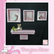 Kit Nichos Cubo + Prateleira com Varão MDF - Rosa BB Bebê Kit Nichos Cubo + Prateleira com Varão MDF - Rosa BB Bebê