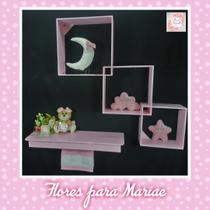 Kit Nichos Diagonal + Prateleira com Varão MDF - Rosa BB Bebê Kit Nichos Diagonal + Prateleira com Varão MDF - Rosa BB Bebê