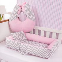 Kit Ninho Redutor com Almofada Amamentação para Bebê Menina Chevron Rosa