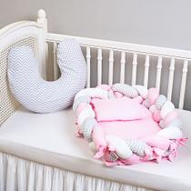 Kit Ninho Redutor de Berço Nuvem Rosa + Almofada De Amamentação Chevron Cinza Bebê Menina