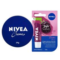 Kit Nivea Care Creme Hidratante Latinha Azul 29g + Hidratante Labial Amora Shine 4,8g