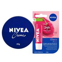 Kit Nivea Care Creme Hidratante Latinha Azul 29g + Hidratante Labial Cereja Shine 4,8g