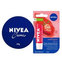 Kit Nivea Care Creme Hidratante Latinha Azul 29g + Hidratante Labial Morango Shine 4,8g