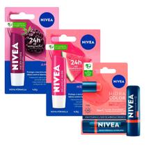 Kit Nivea Hidratante Labial Hidra Color Coral 4,8g + Hidratante Labial Amora Shine 4,8g + Hidratante Labial Melancia Shine 4,8g Kit Nivea Hidratante Labial Hidra Color Coral 4,8g + Hidratante Labial Amora Shine 4,8g + Hidratante Labial Melancia Shine 4,8g