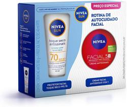 Kit Nivea Sun Rotina de Autocuidado Facial Protetor Solar FPS70 40ml + Creme Antissinais 100g Kit Nivea Sun Rotina de Autocuidado Facial Protetor Solar FPS70 40ml + Creme Antissinais 100g