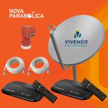 KIT Nova Antena Parabólica + 2 Receptores VX10 + LNBF Duplo + 2 Cabos 15mts