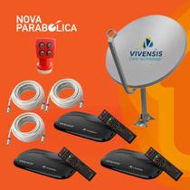 KIT Nova Antena Parabólica + 3 Receptores VX10 + LNBF Quádruplo + 3 Cabos 15mts