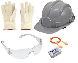 Kit Obra: Luva, Capacete de Obra, Óculos e Protetor Auricular