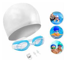 Kit óculos de natação infantil com protetores e touca