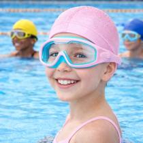 Kit óculos-máscara criança dyo +touca de pu lisa p/ natação cor:rosa-azul