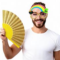 Kit Óculos Temático Final do Arco-íris + Leque Glitter Sortido - LGBT Festa Fantasia Carnaval Parada