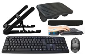 Kit Office - Suporte Note, Teclado e mouse com fio, Apoio Para Teclado e Apoio de Pés