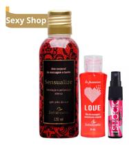 Kit Óleo Corporal Beijável Sensualize + Óleo Shock Plus Morango + Love Hot Morango