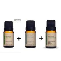 Kit óleo essências 1 óleo Tea Tree 10ml + 1 óleo Alecrim 10 ml + 1 óleo Lemograss 10 ml Kit óleo essências 1 óleo Tea Tree 10ml + 1 óleo Alecrim 10 ml + 1 óleo Lemograss 10 ml