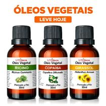Kit Óleos Vegetais Rícino Copaíba Girassol, hidratação pele e cabelo, uso diário, prensado a frio, 3x30ml Kit Óleos Vegetais Rícino Copaíba Girassol, hidratação pele e cabelo, uso diário, prensado a frio, 3x30ml
