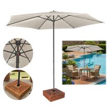 Kit Ombrelone 3 Metros Guarda Sol Sombreiro 6 Hastes Central JURERÊ Com Base Revestida Madeira - AMZ -