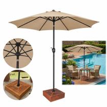 Kit Ombrelone Guarda Sol 3m Articulado Bege com Base Revestida Madeira Jardim Piscina Praia - AMZ