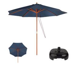 Kit Ombrelone Madeira 3 Metros Guarda Sol Sombreiro Azul + Base Plástica Preta - Mor