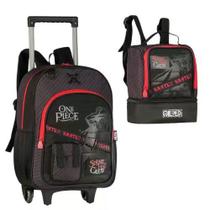 Kit One Piece Mochila Rodinha Com Lancheira Térmica Preta e Vermelha Escolar Masculino Clio Style